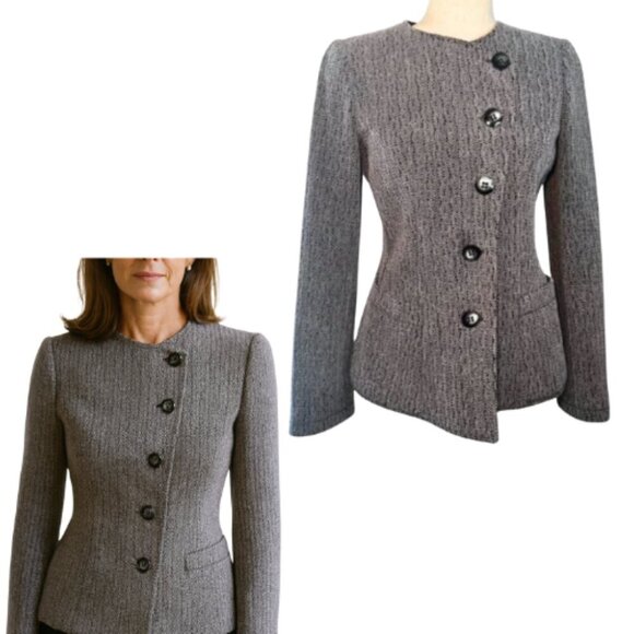 ARMANI COLLEZIONI Wool Herringbone Blazer Jacket Asymmetrical Buttons Size 4 - Picture 1 of 16